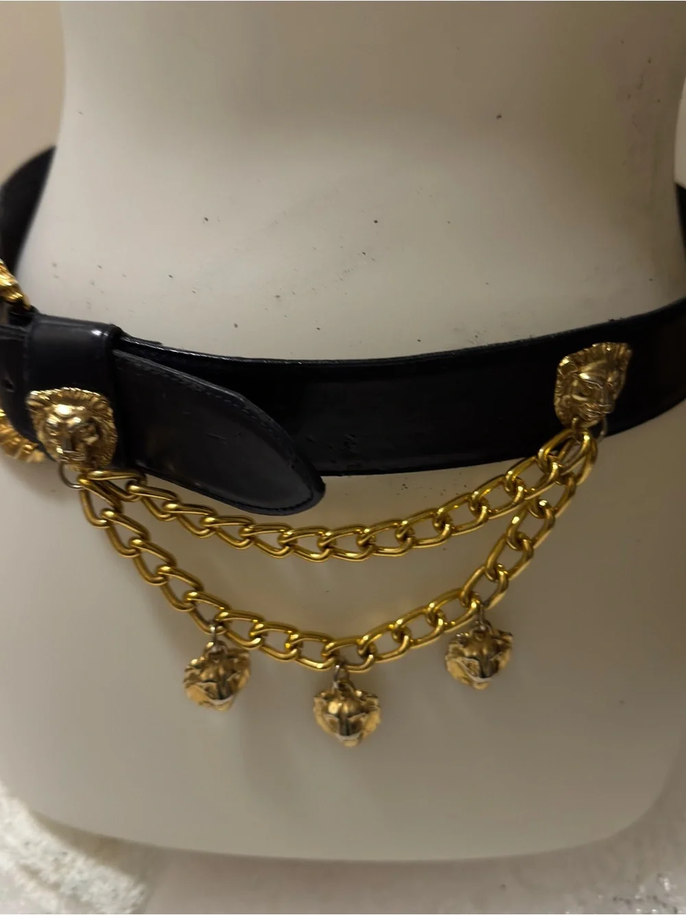 Vintage Jones New York Lion Heads Chain Belt Black Gold Tone Buckle Med AS IS